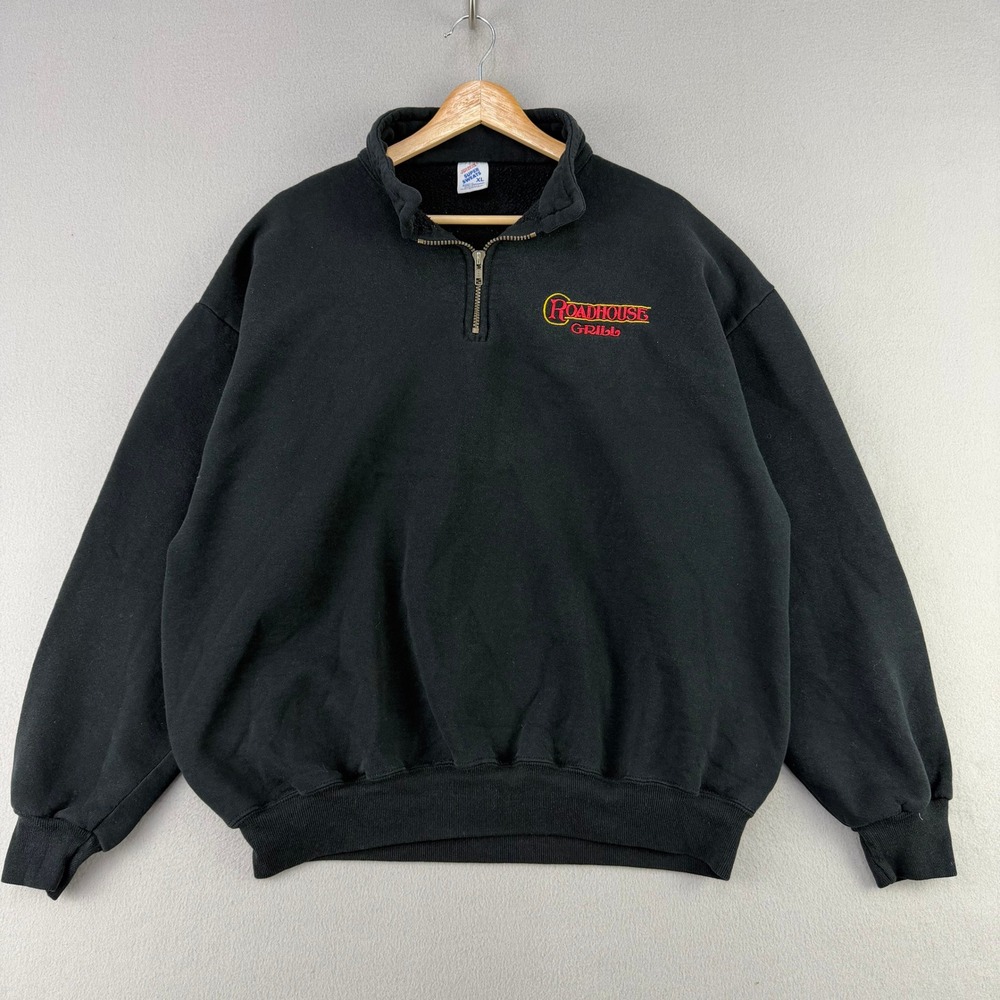 VTG 90s Roadhouse Grill 1/4 Zip Sweatshirt Mens XL Black Graphic Pullover USA